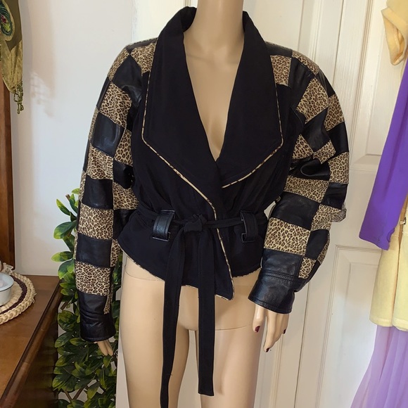 Vtg 80s rare unique leopard checked leather new wave  batwing wrap jacket L - Picture 8 of 15